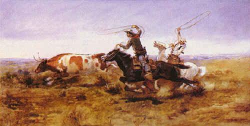 Charles M Russell O.H.Cowboys Roping a Steer China oil painting art